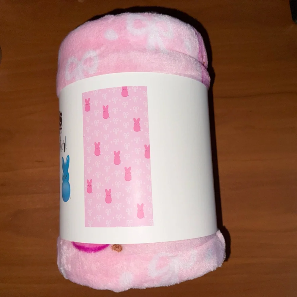 PEEPS Happy Easter Pink Plush Blanket / Throw with Bunnies, Bows and Dots.